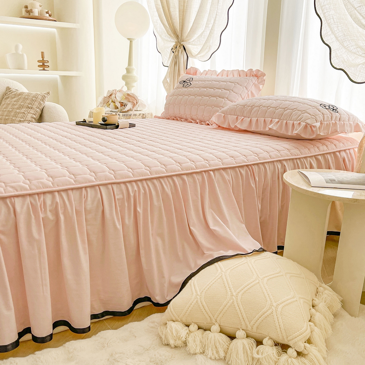 91家纺网 家纺一手货源 找家纺 笠裙家纺 2025新款A类110克水洗棉新疆棉花夹棉单床裙 床裙单件 棉花-玫瑰粉