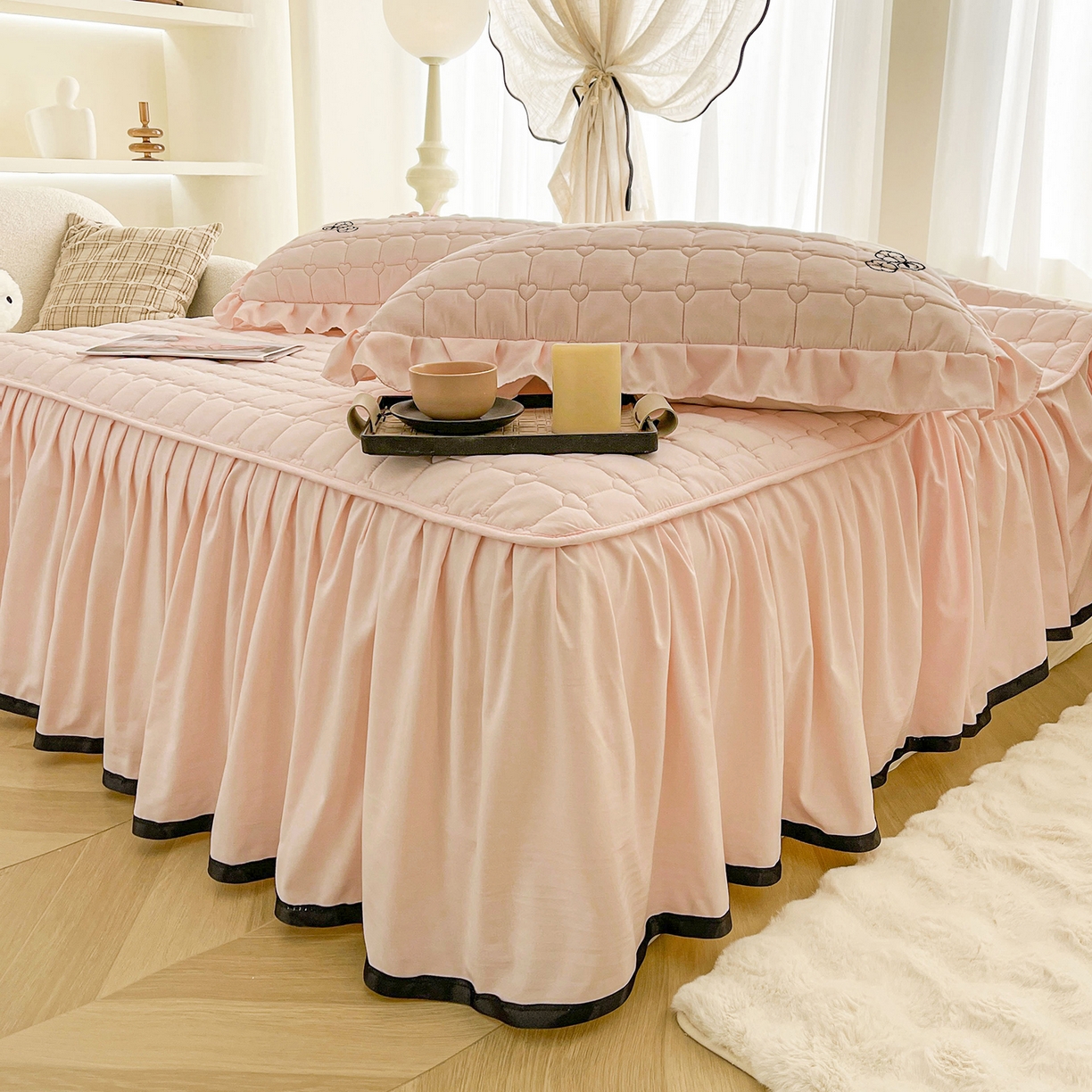 91家纺网 家纺一手货源 找家纺 笠裙家纺 2025新款A类110克水洗棉新疆棉花夹棉单床裙 床裙单件 棉花-玫瑰粉