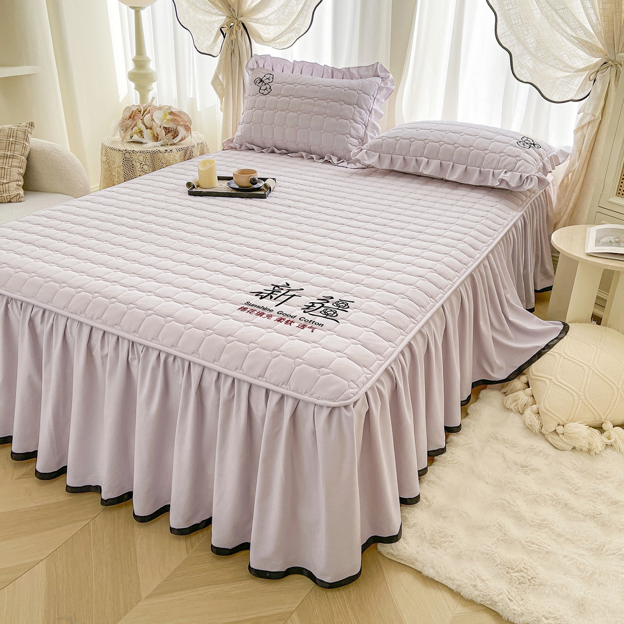 91家纺网 家纺一手货源 找家纺 笠裙家纺 2025新款A类110克水洗棉新疆棉花夹棉单床裙 床裙单件 棉花-玫瑰紫