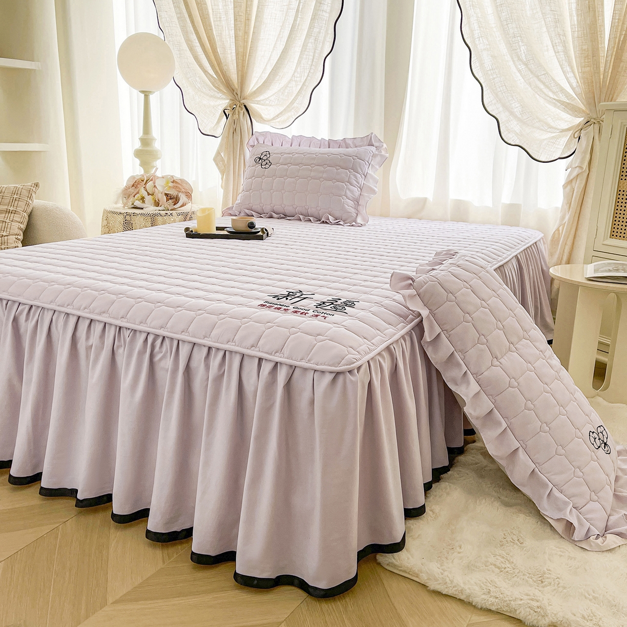 91家纺网 家纺一手货源 找家纺 笠裙家纺 2025新款A类110克水洗棉新疆棉花夹棉单床裙 床裙单件 棉花-玫瑰紫