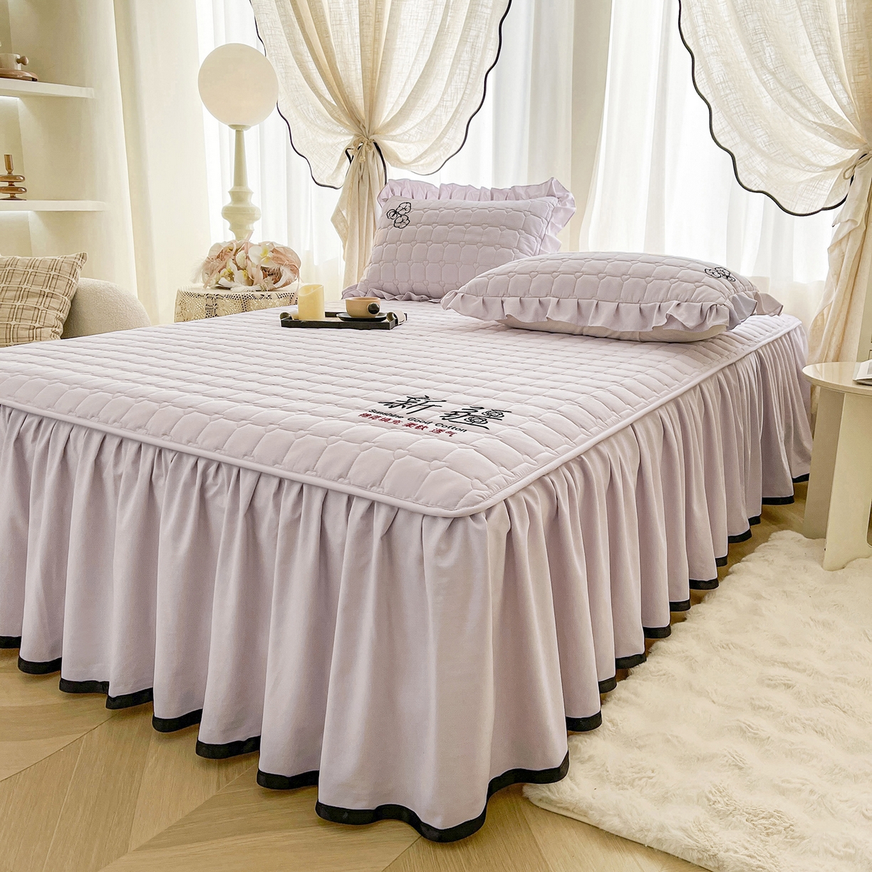 91家纺网 家纺一手货源 找家纺 笠裙家纺 2025新款A类110克水洗棉新疆棉花夹棉单床裙 床裙单件 棉花-玫瑰紫