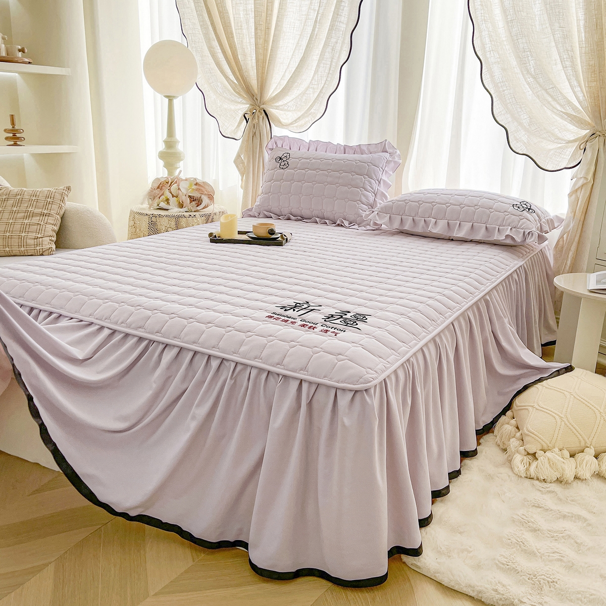 91家纺网 家纺一手货源 找家纺 笠裙家纺 2025新款A类110克水洗棉新疆棉花夹棉单床裙 床裙单件 棉花-玫瑰紫