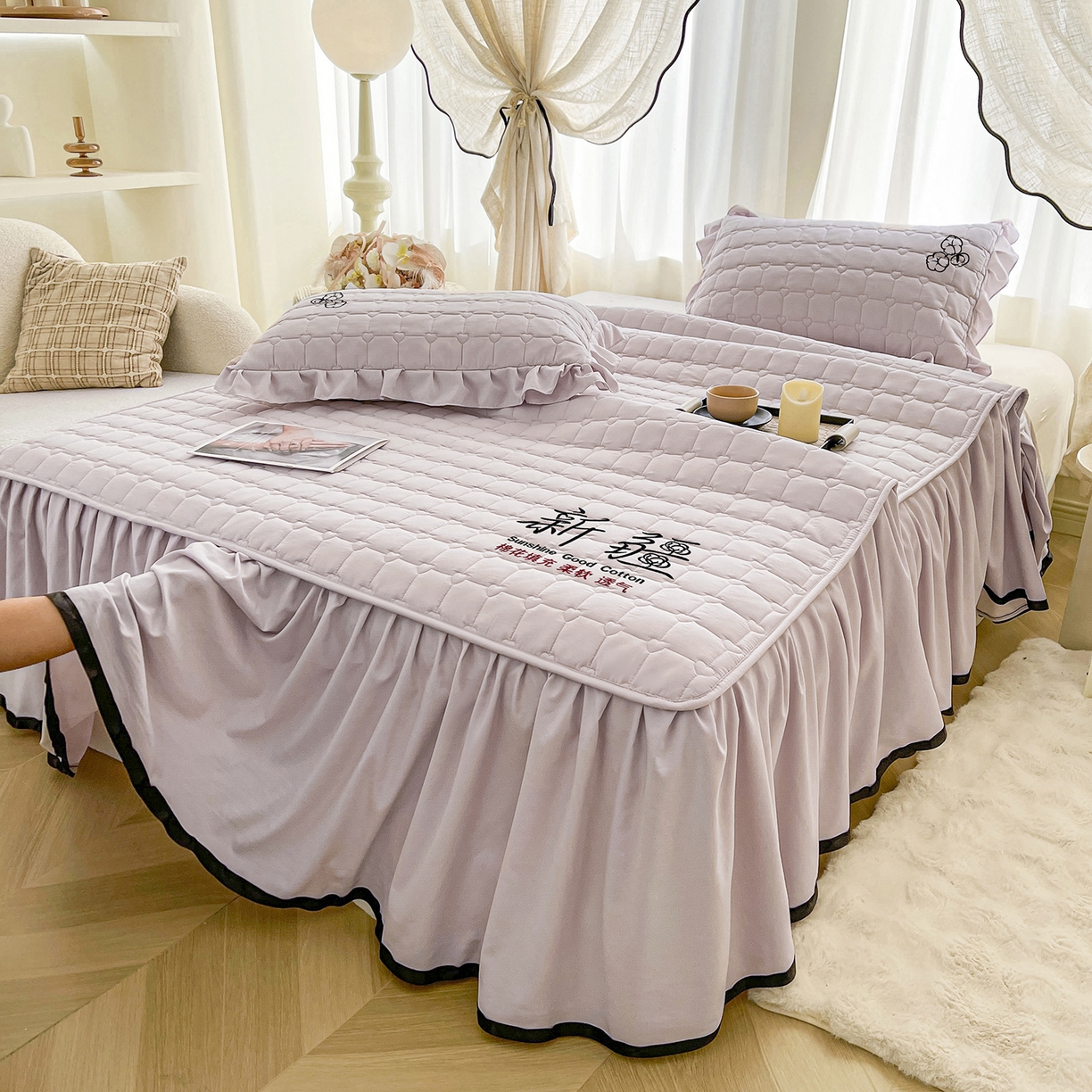 91家纺网 家纺一手货源 找家纺 笠裙家纺 2025新款A类110克水洗棉新疆棉花夹棉单床裙 床裙单件 棉花-玫瑰紫