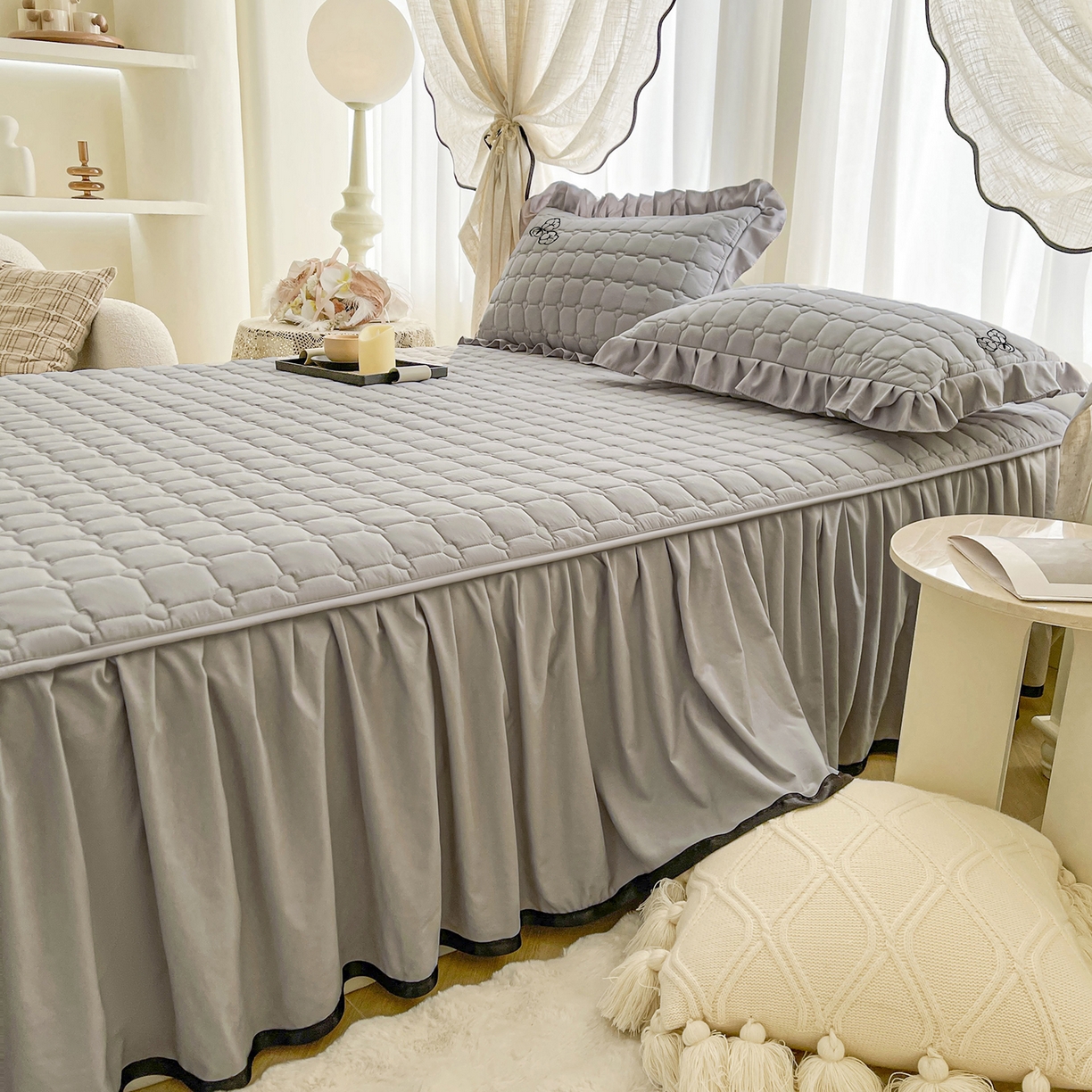 91家纺网 家纺一手货源 找家纺 笠裙家纺 2025新款A类110克水洗棉新疆棉花夹棉单床裙 床裙单件 棉花-浅灰