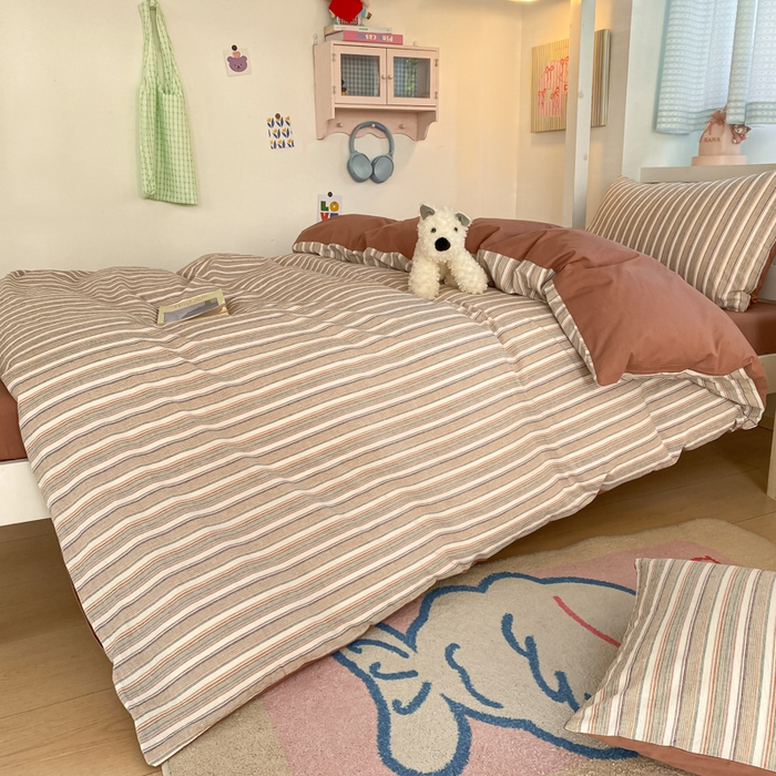 91家纺网 家纺一手货源 找家纺 寐居家纺 2025新款亲肤舒适全棉纯棉色织水洗棉学生三件套 布丁-咖