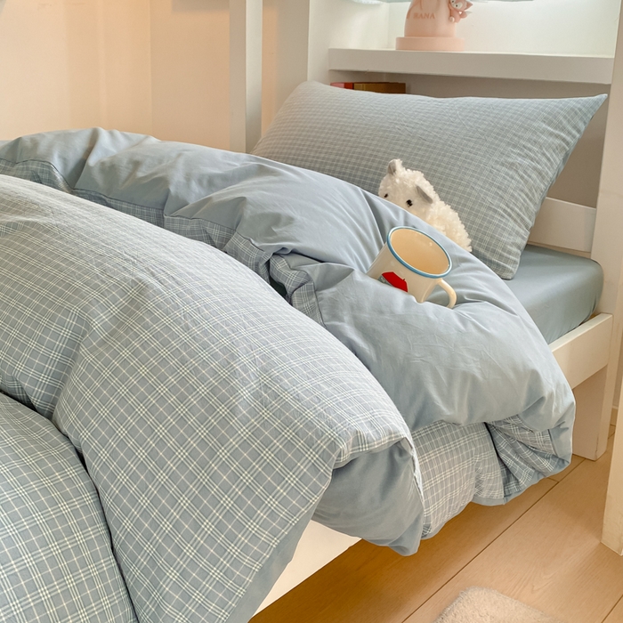 91家纺网 家纺一手货源 找家纺 寐居家纺 2025新款亲肤舒适全棉纯棉色织水洗棉学生三件套 莫尼-蓝