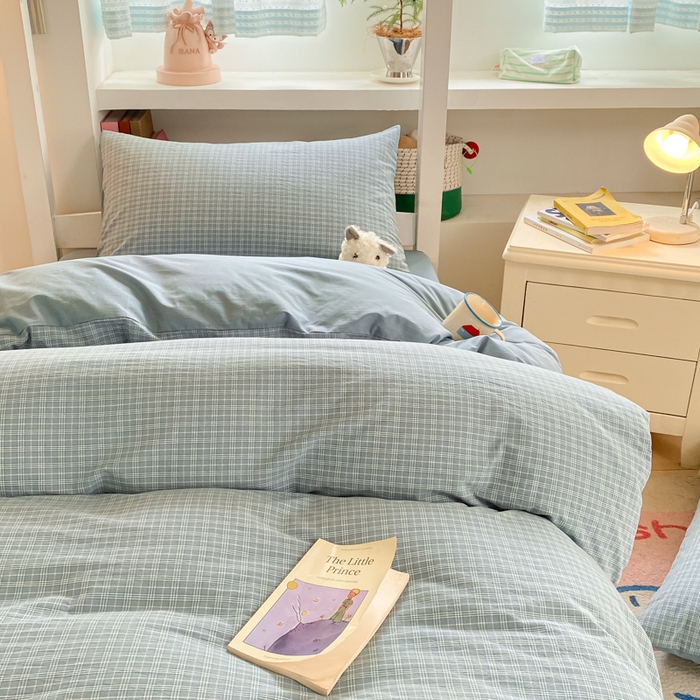 91家纺网 家纺一手货源 找家纺 寐居家纺 2025新款亲肤舒适全棉纯棉色织水洗棉学生三件套 莫尼-蓝