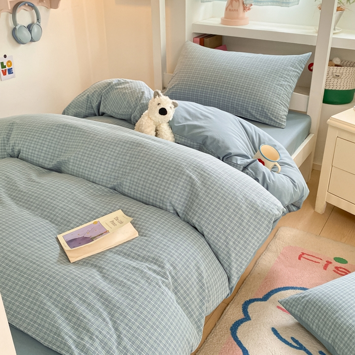 91家纺网 家纺一手货源 找家纺 寐居家纺 2025新款亲肤舒适全棉纯棉色织水洗棉学生三件套 莫尼-蓝