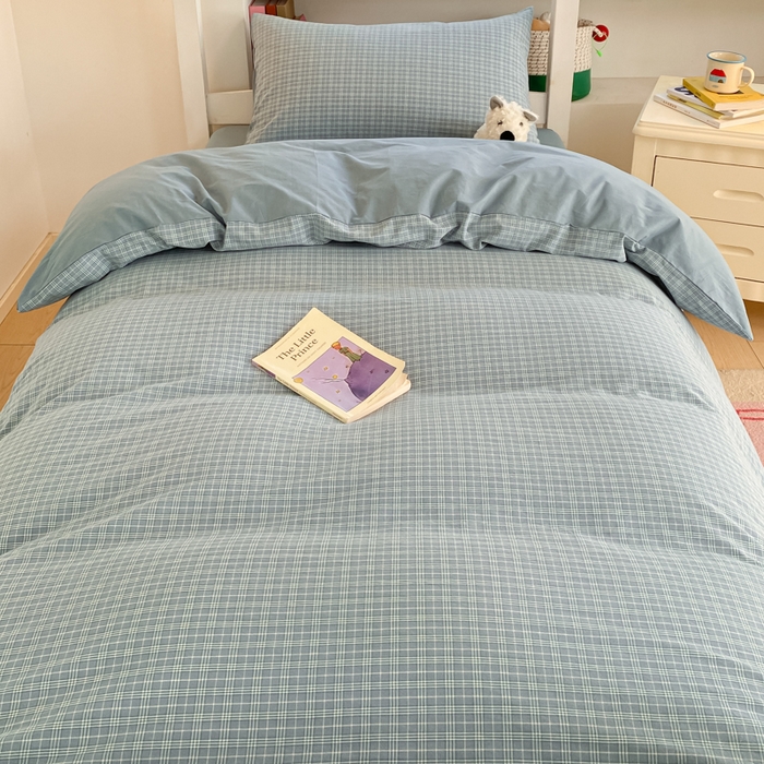 91家纺网 家纺一手货源 找家纺 寐居家纺 2025新款亲肤舒适全棉纯棉色织水洗棉学生三件套 莫尼-蓝