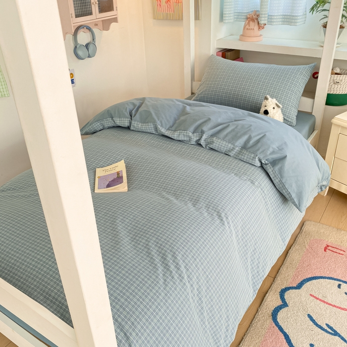 91家纺网 家纺一手货源 找家纺 寐居家纺 2025新款亲肤舒适全棉纯棉色织水洗棉学生三件套 莫尼-蓝