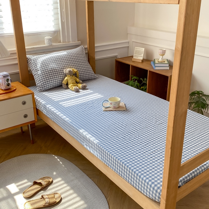 91家纺网 家纺一手货源 找家纺 恋人优选 2025新款儿童学生宿舍上下铺全棉纯棉色织床笠单品单床笠床笠单件-无标款系列二 浅蓝小格