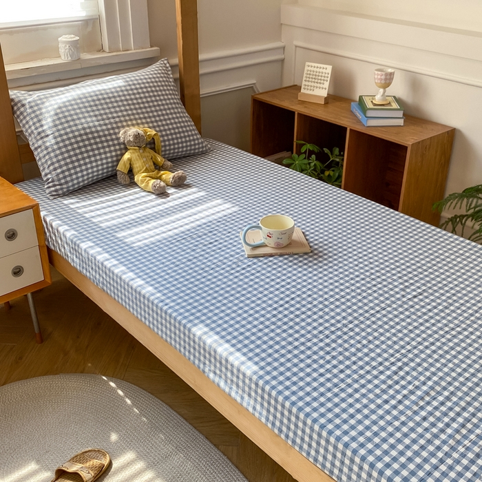 91家纺网 家纺一手货源 找家纺 恋人优选 2025新款儿童学生宿舍上下铺全棉纯棉色织床笠单品单床笠床笠单件-无标款系列二 浅蓝小格