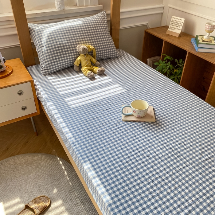 91家纺网 家纺一手货源 找家纺 恋人优选 2025新款儿童学生宿舍上下铺全棉纯棉色织床笠单品单床笠床笠单件-无标款系列二 浅蓝小格