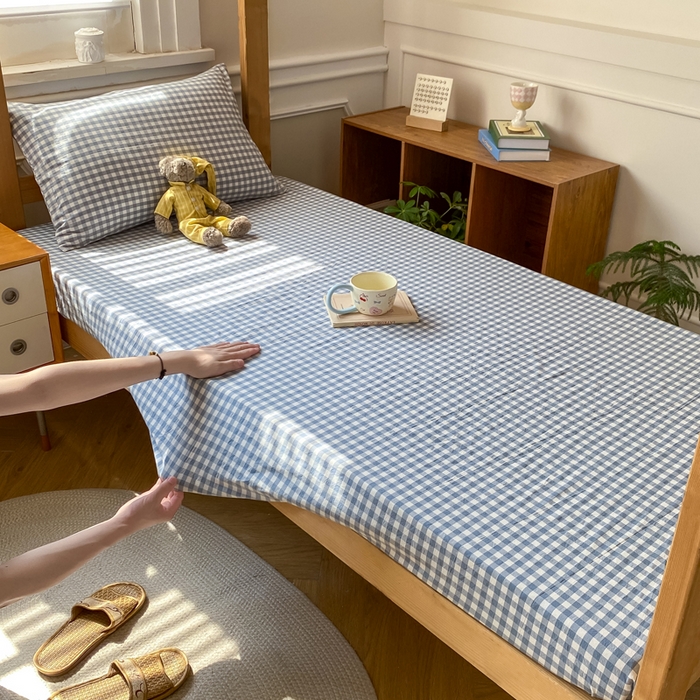 91家纺网 家纺一手货源 找家纺 恋人优选 2025新款儿童学生宿舍上下铺全棉纯棉色织床笠单品单床笠床笠单件-无标款系列二 浅蓝小格