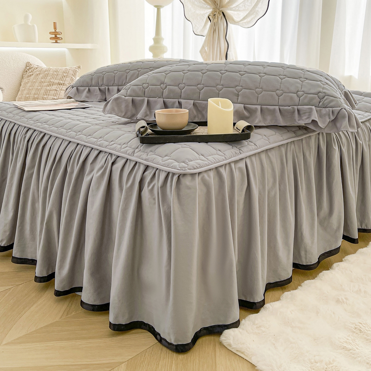 91家纺网 家纺一手货源 找家纺 笠裙家纺 2025新款A类110克水洗棉新疆棉花夹棉单床裙 床裙单件 棉花-浅灰