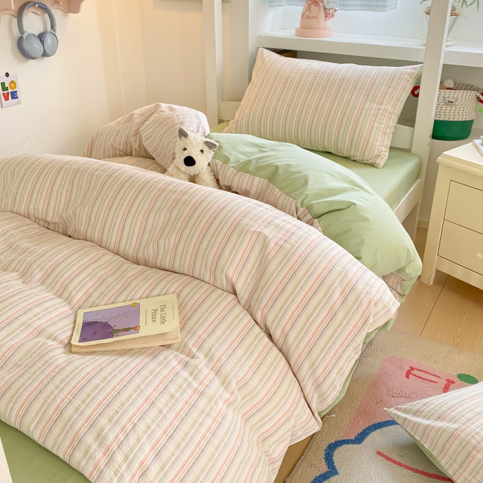 91家纺网 家纺一手货源 找家纺 寐居家纺 2025新款亲肤舒适全棉纯棉色织水洗棉学生三件套 布丁-绿