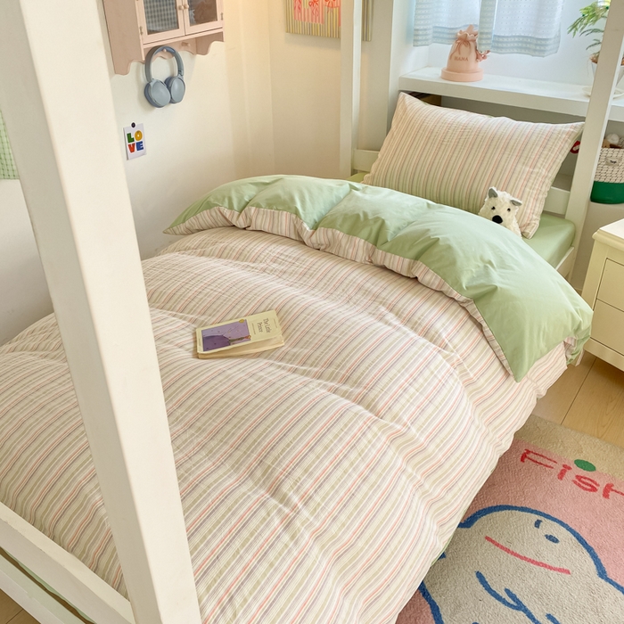 91家纺网 家纺一手货源 找家纺 寐居家纺 2025新款亲肤舒适全棉纯棉色织水洗棉学生三件套 布丁-绿