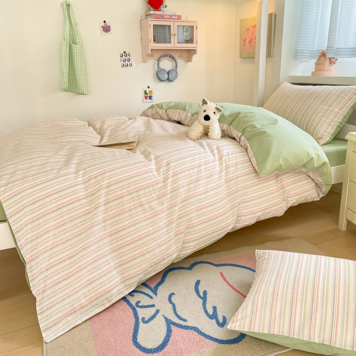 91家纺网 家纺一手货源 找家纺 寐居家纺 2025新款亲肤舒适全棉纯棉色织水洗棉学生三件套 布丁-绿