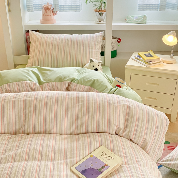 91家纺网 家纺一手货源 找家纺 寐居家纺 2025新款亲肤舒适全棉纯棉色织水洗棉学生三件套 布丁-绿