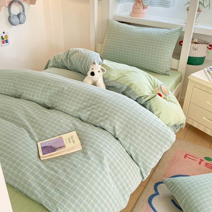 91家纺网 家纺一手货源 找家纺 寐居家纺 2025新款亲肤舒适全棉纯棉色织水洗棉学生三件套 莫尼-绿