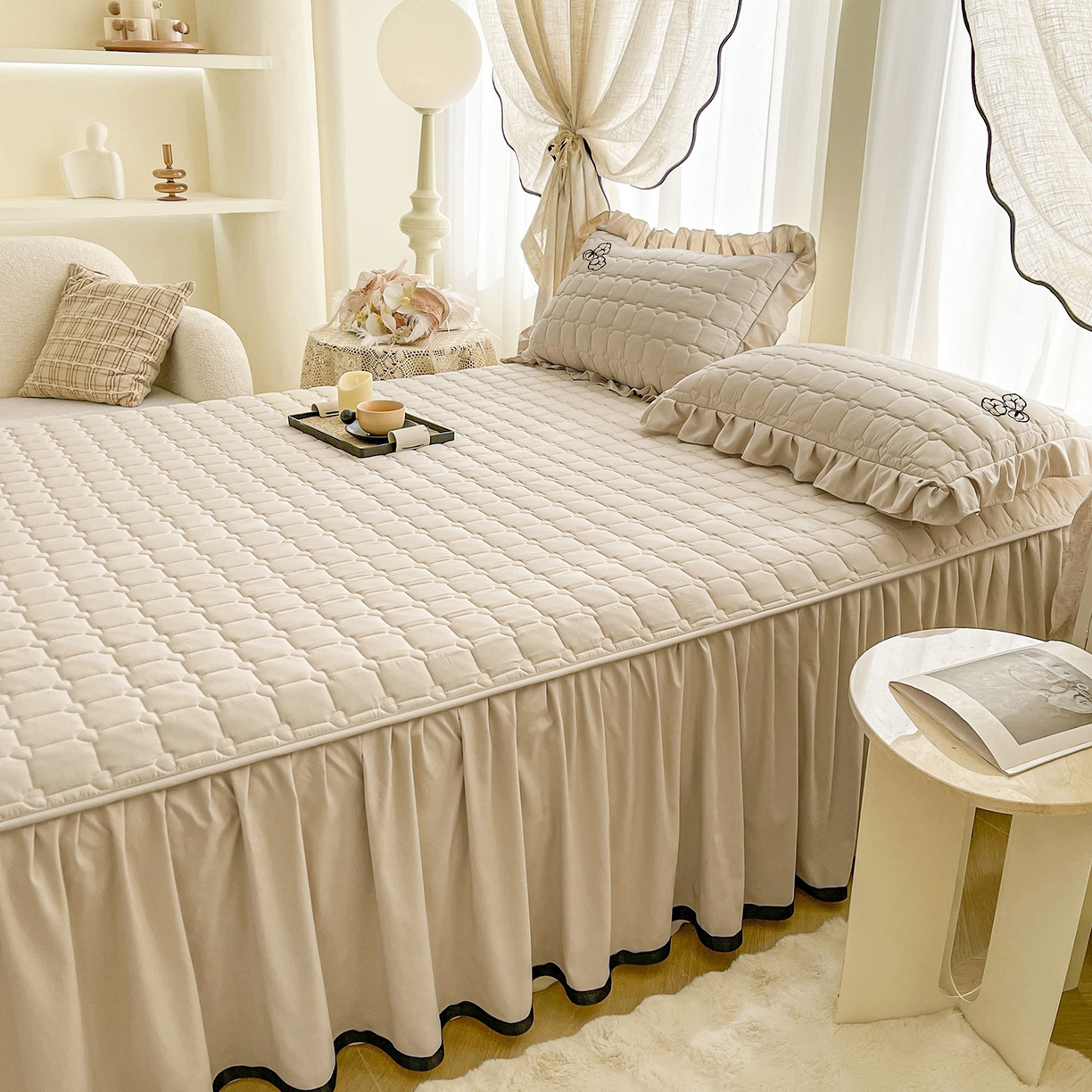 91家纺网 家纺一手货源 找家纺 笠裙家纺 2025新款A类110克水洗棉新疆棉花夹棉单床裙 床裙单件 棉花-浅咖