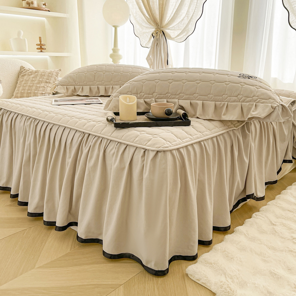 91家纺网 家纺一手货源 找家纺 笠裙家纺 2025新款A类110克水洗棉新疆棉花夹棉单床裙 床裙单件 棉花-浅咖