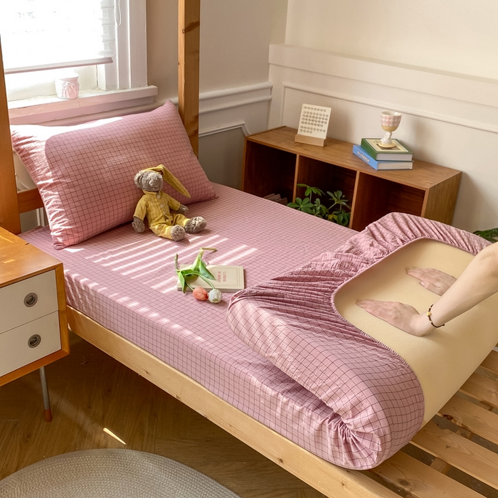 恋人优选 2025新款儿童学生宿舍上下铺全棉纯棉色织床笠单品单床笠床笠单件-无标款系列二 小粉格