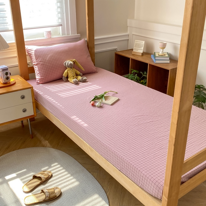 91家纺网 家纺一手货源 找家纺 恋人优选 2025新款儿童学生宿舍上下铺全棉纯棉色织床笠单品单床笠床笠单件-无标款系列二 小粉格