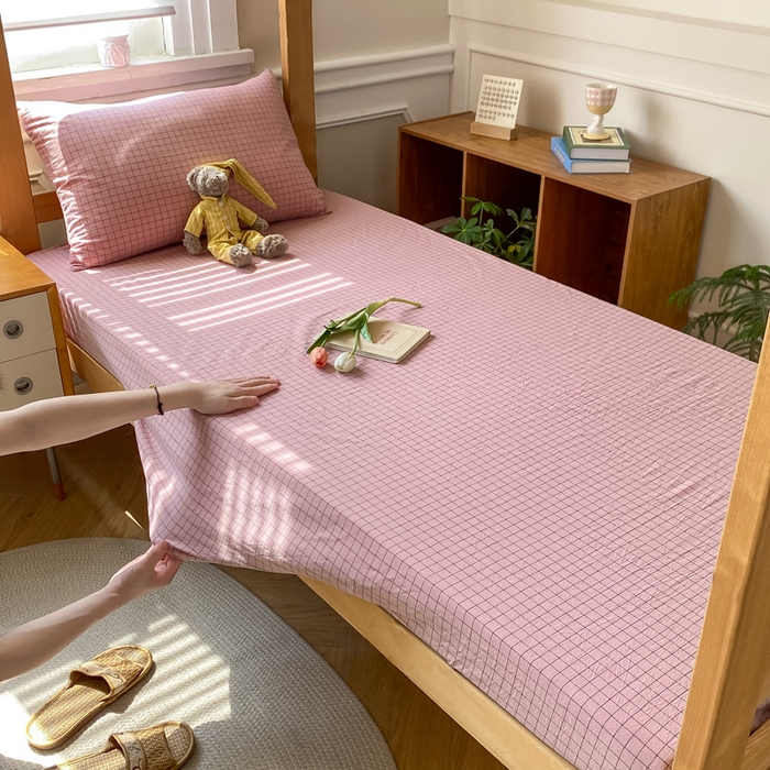 91家纺网 家纺一手货源 找家纺 恋人优选 2025新款儿童学生宿舍上下铺全棉纯棉色织床笠单品单床笠床笠单件-无标款系列二 小粉格