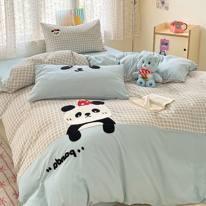 91家纺网 家纺一手货源 找家纺 寐居家纺 2025新款全棉纯棉A类双层纱拼接毛巾绣花四件套 团团熊猫