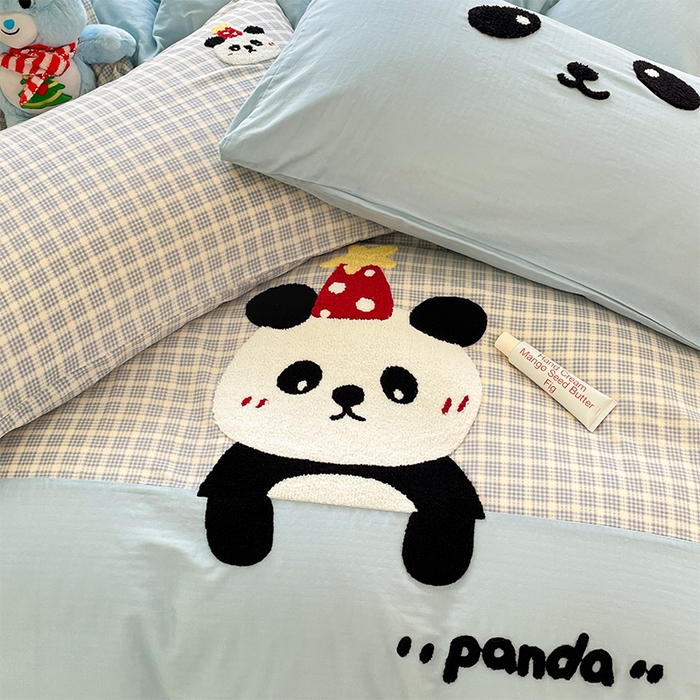 91家纺网 家纺一手货源 找家纺 寐居家纺 2025新款全棉纯棉A类双层纱拼接毛巾绣花四件套 团团熊猫