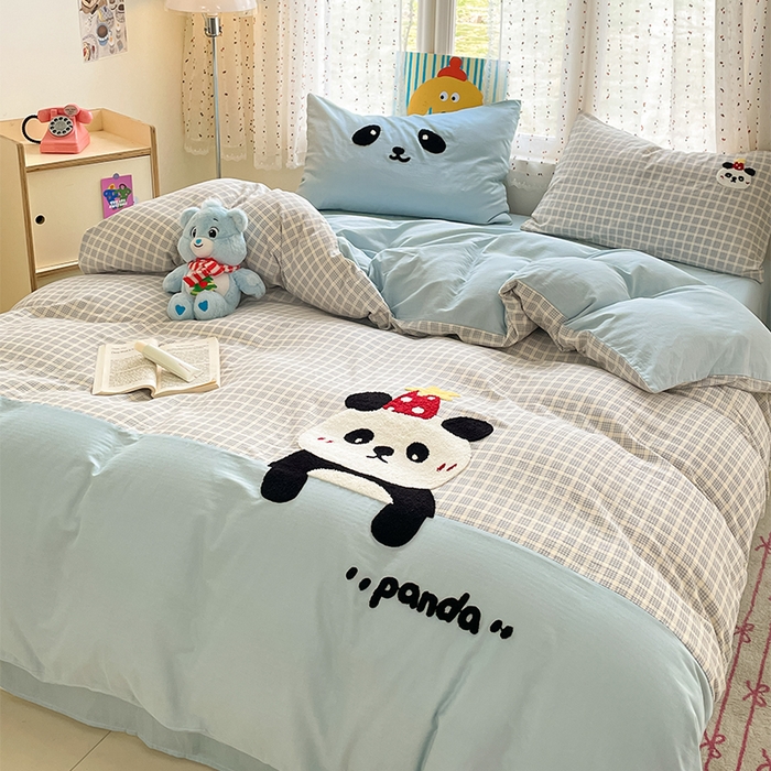 寐居家纺 2025新款全棉纯棉A类双层纱拼接毛巾绣花四件套 团团熊猫