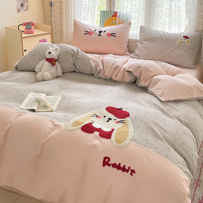 寐居家纺 2025新款全棉纯棉A类双层纱拼接毛巾绣花四件套 萌兔之星