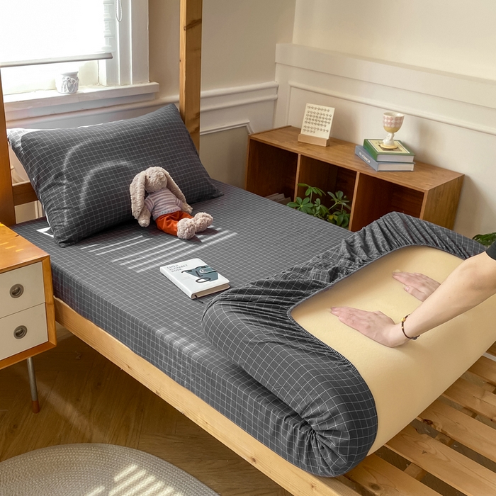 恋人优选 2025新款儿童学生宿舍上下铺全棉纯棉色织床笠单品单床笠床笠单件-无标款系列二 小灰格