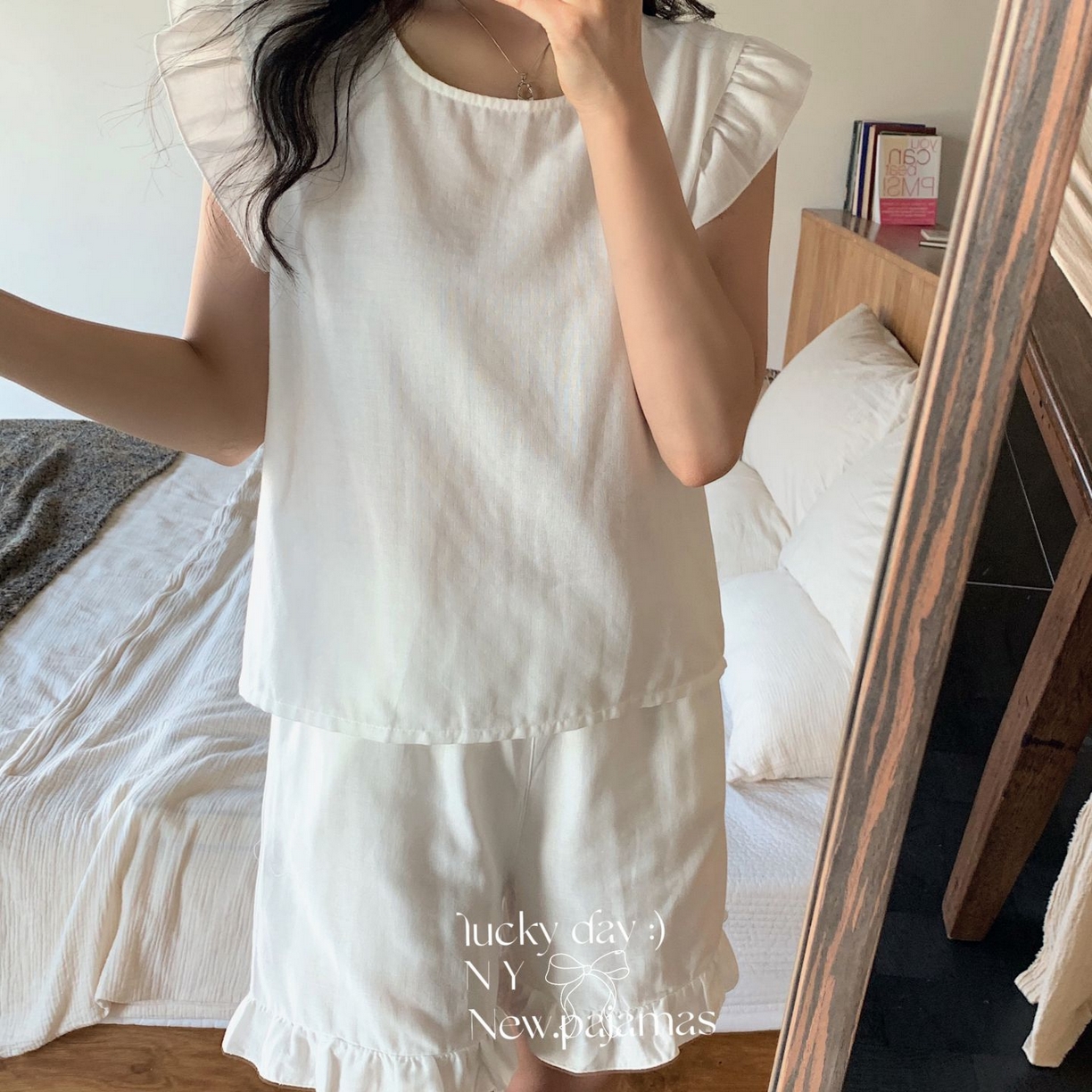 91家纺网 家纺一手货源 找家纺 纽约生活 2025新款韩系双层纱复古小飞袖居家服 奶油白