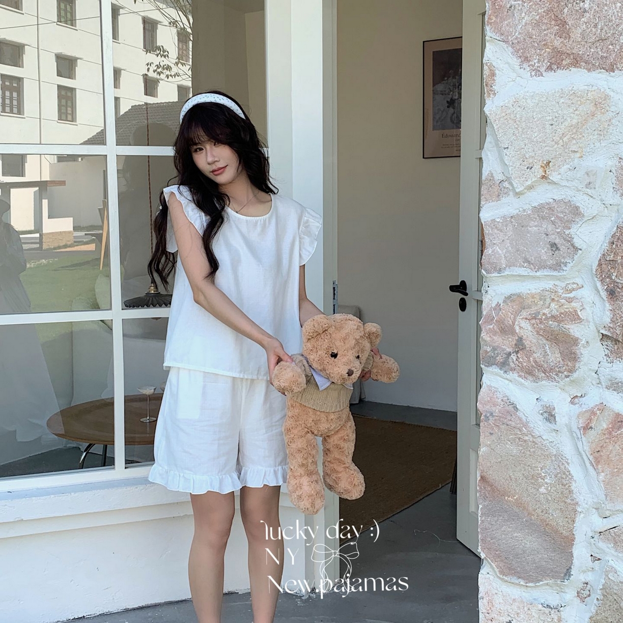 91家纺网 家纺一手货源 找家纺 纽约生活 2025新款韩系双层纱复古小飞袖居家服 奶油白