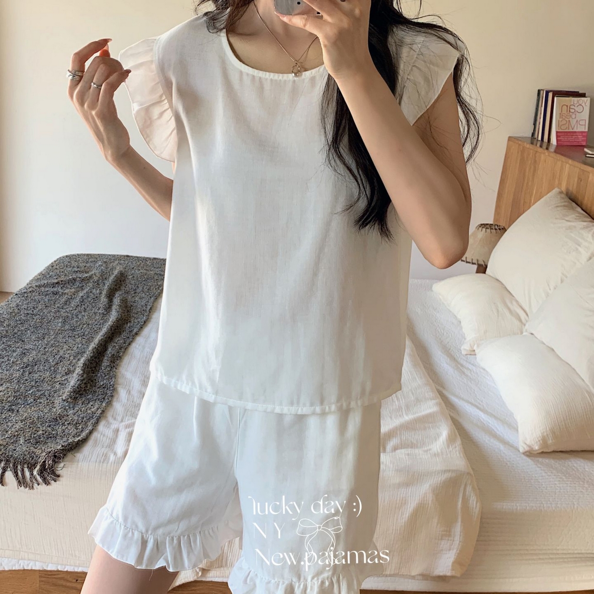 91家纺网 家纺一手货源 找家纺 纽约生活 2025新款韩系双层纱复古小飞袖居家服 奶油白