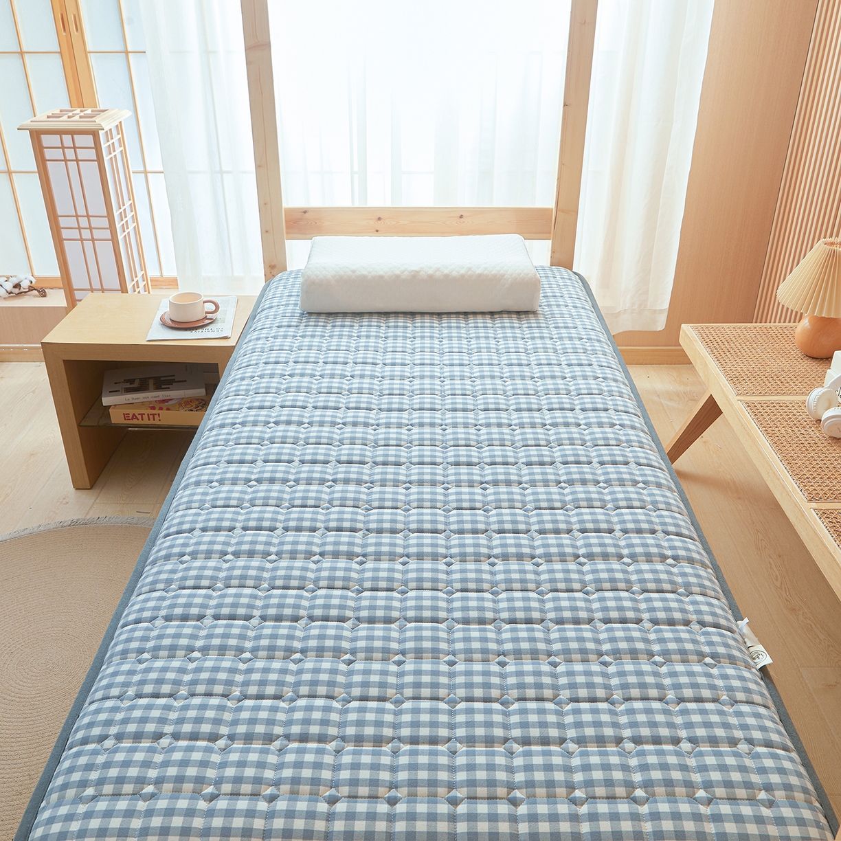 91家纺网 家纺一手货源 找家纺 丽诺床垫 2025新款全棉色织棉花学生床垫 棉花床垫-蓝小格