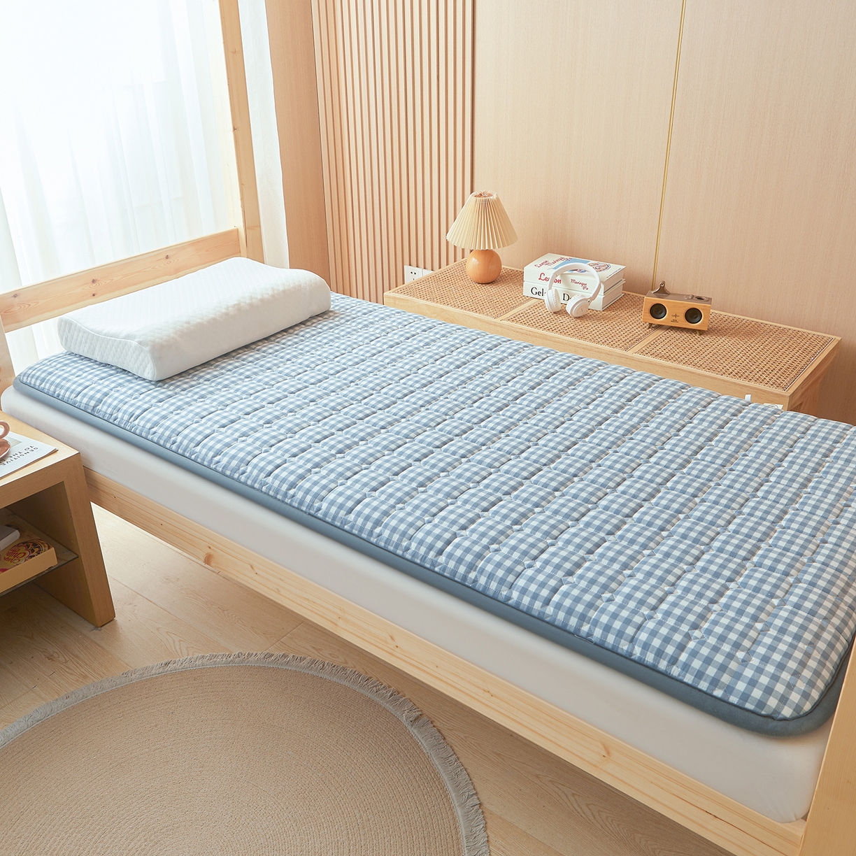 91家纺网 家纺一手货源 找家纺 丽诺床垫 2025新款全棉色织棉花学生床垫 棉花床垫-蓝小格