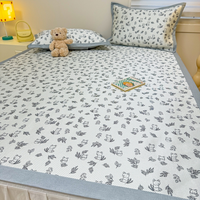 91家纺网 家纺一手货源 找家纺 慕尚家纺 2025新款600D小清新凉感冰丝凉席三件套 狐狸窝