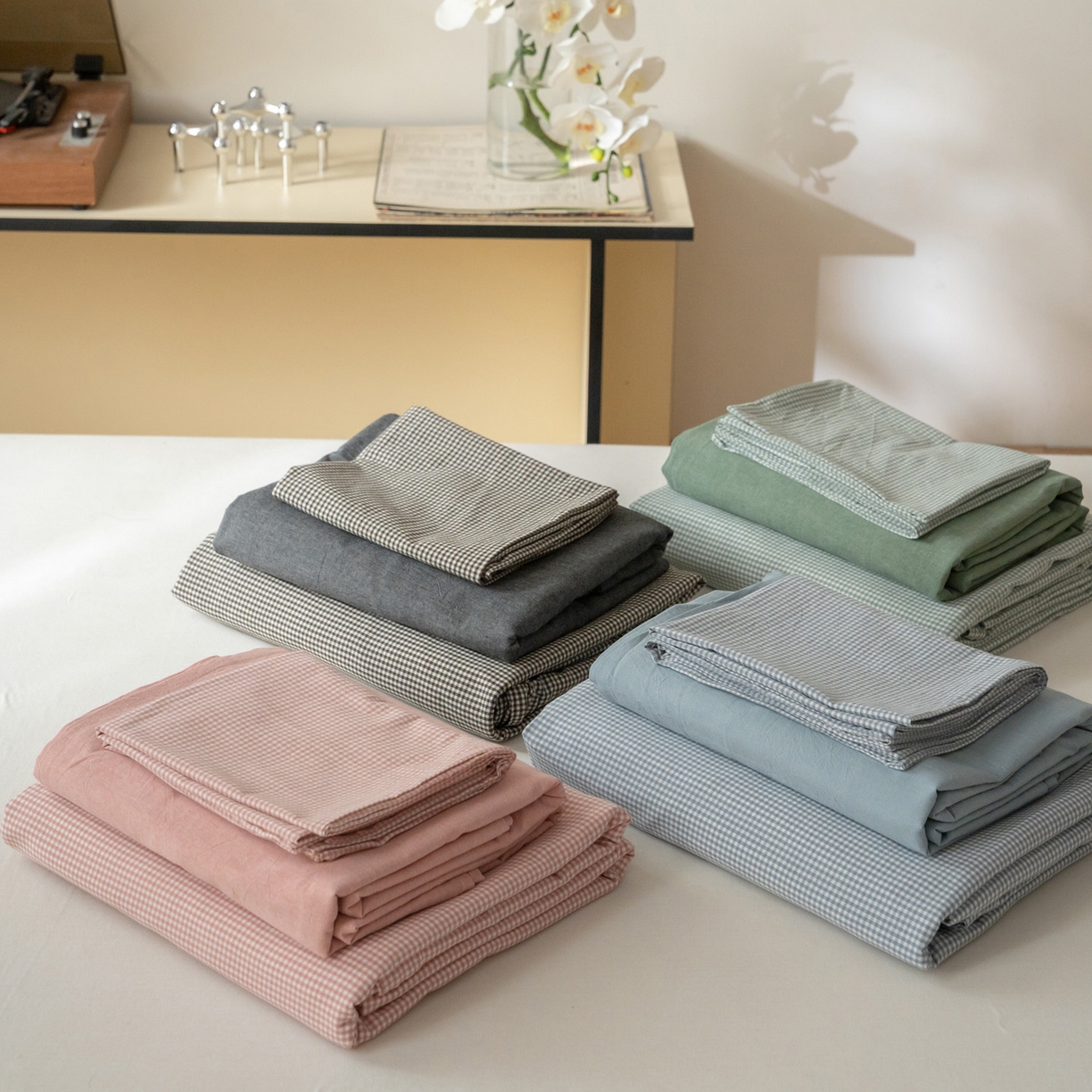 91家纺网 家纺一手货源 找家纺 （总）玖弘家居 2025新款全棉水洗棉细格四件套