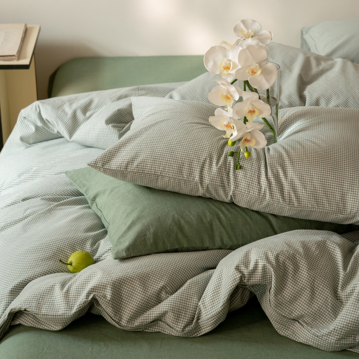 91家纺网 家纺一手货源 找家纺 玖弘家居 2025新款全棉水洗棉细格四件套 豆绿细格