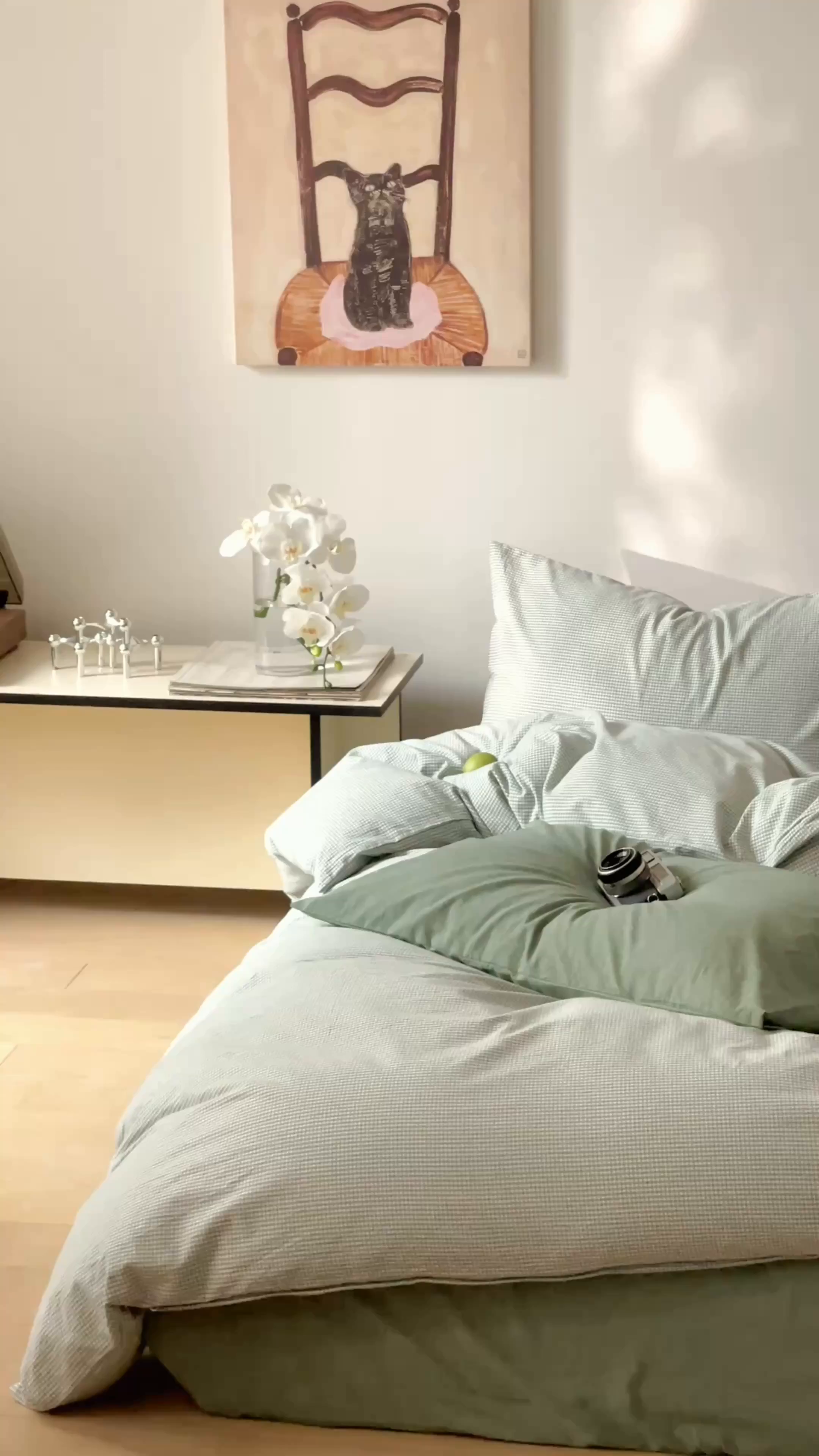 91家纺网 家纺一手货源 找家纺 玖弘家居 2025新款全棉水洗棉细格四件套 豆绿细格