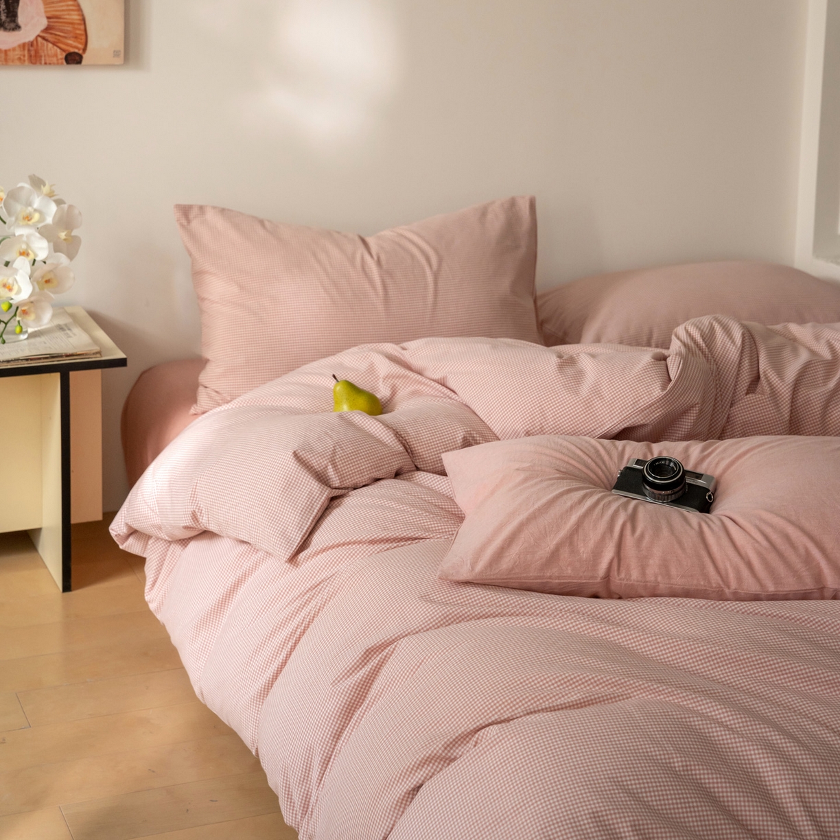 91家纺网 家纺一手货源 找家纺 玖弘家居 2025新款全棉水洗棉细格四件套 皮粉细格