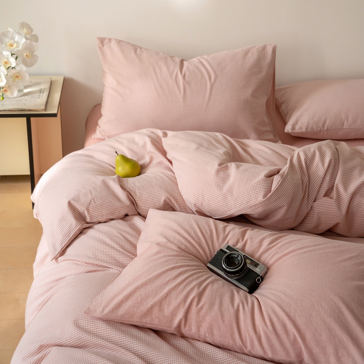 91家纺网 家纺一手货源 找家纺 玖弘家居 2025新款全棉水洗棉细格四件套 皮粉细格