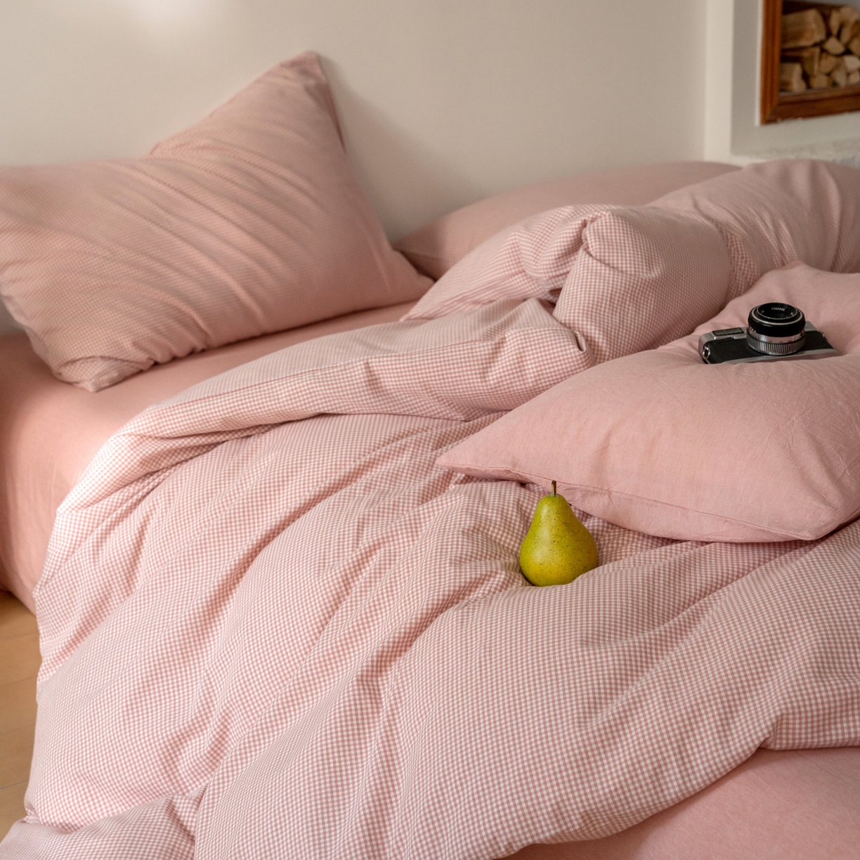 91家纺网 家纺一手货源 找家纺 玖弘家居 2025新款全棉水洗棉细格四件套 皮粉细格