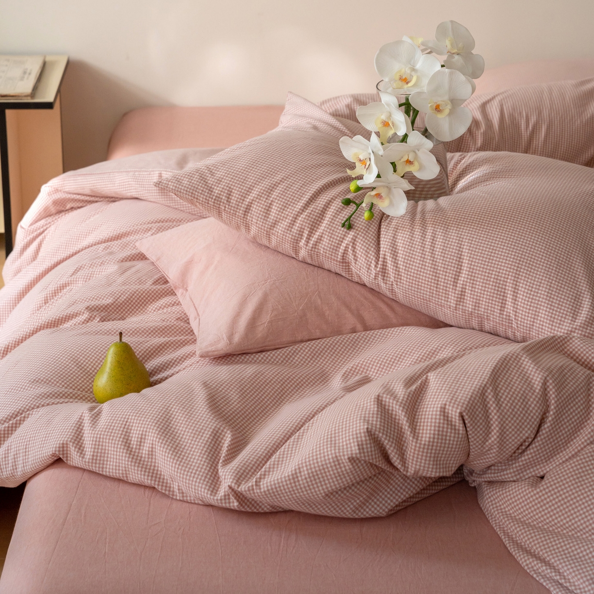 91家纺网 家纺一手货源 找家纺 玖弘家居 2025新款全棉水洗棉细格四件套 皮粉细格