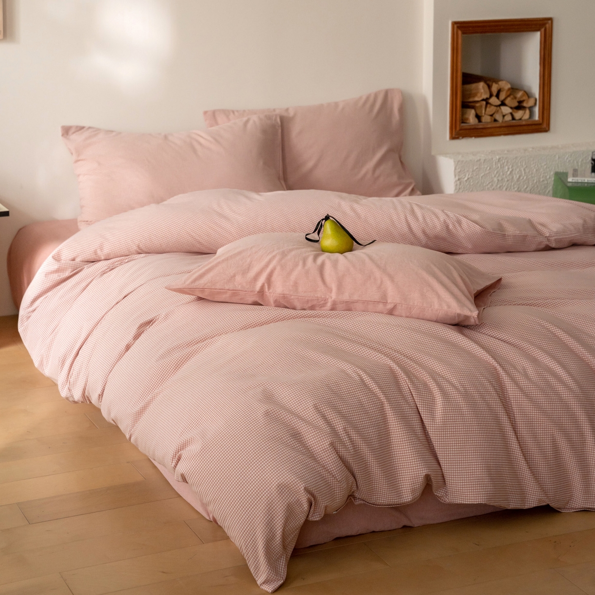 91家纺网 家纺一手货源 找家纺 玖弘家居 2025新款全棉水洗棉细格四件套 皮粉细格