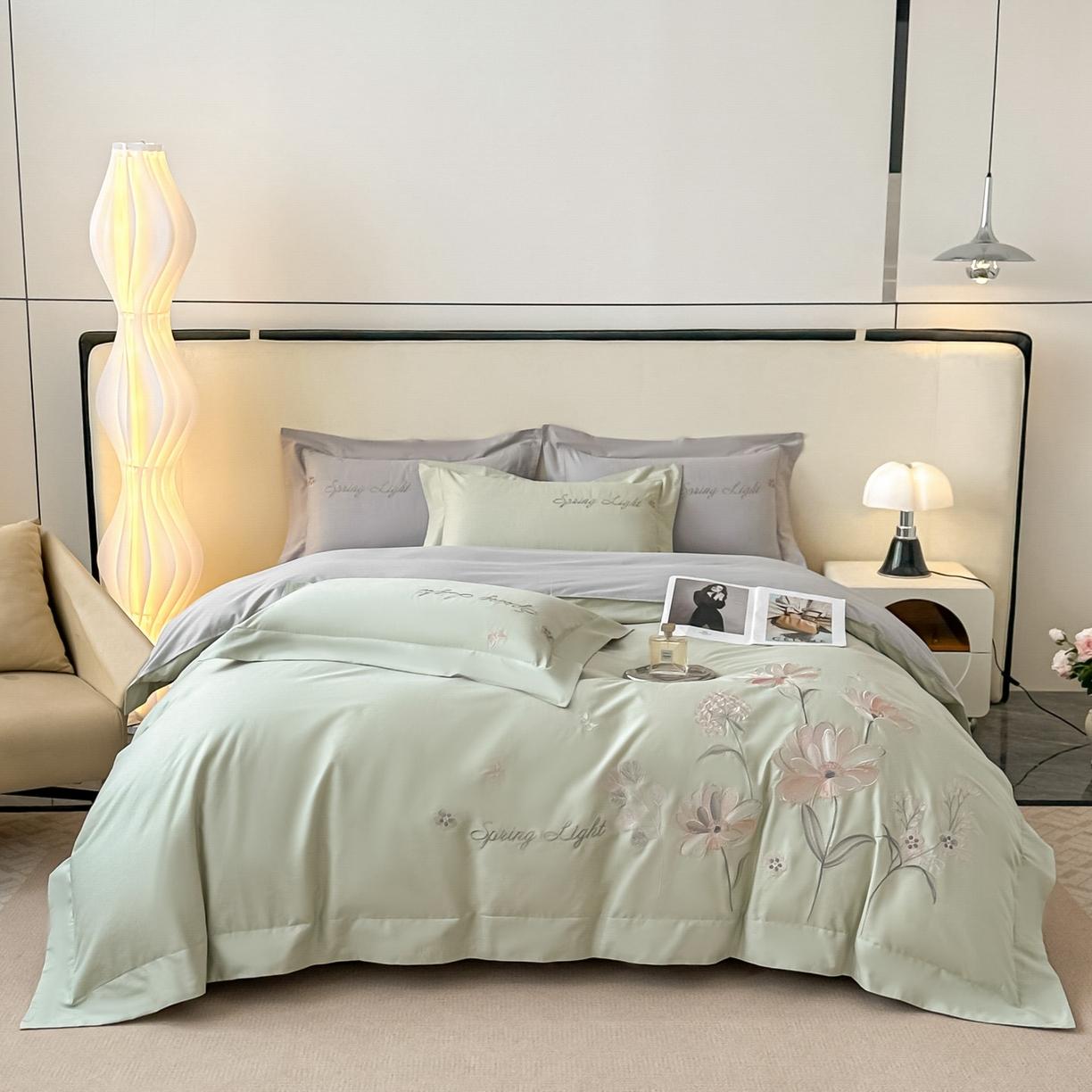 博之洋婚庆 2025新款纯棉全棉长绒棉刺绣绣花高端礼盒四件套-花之语系列 豆绿