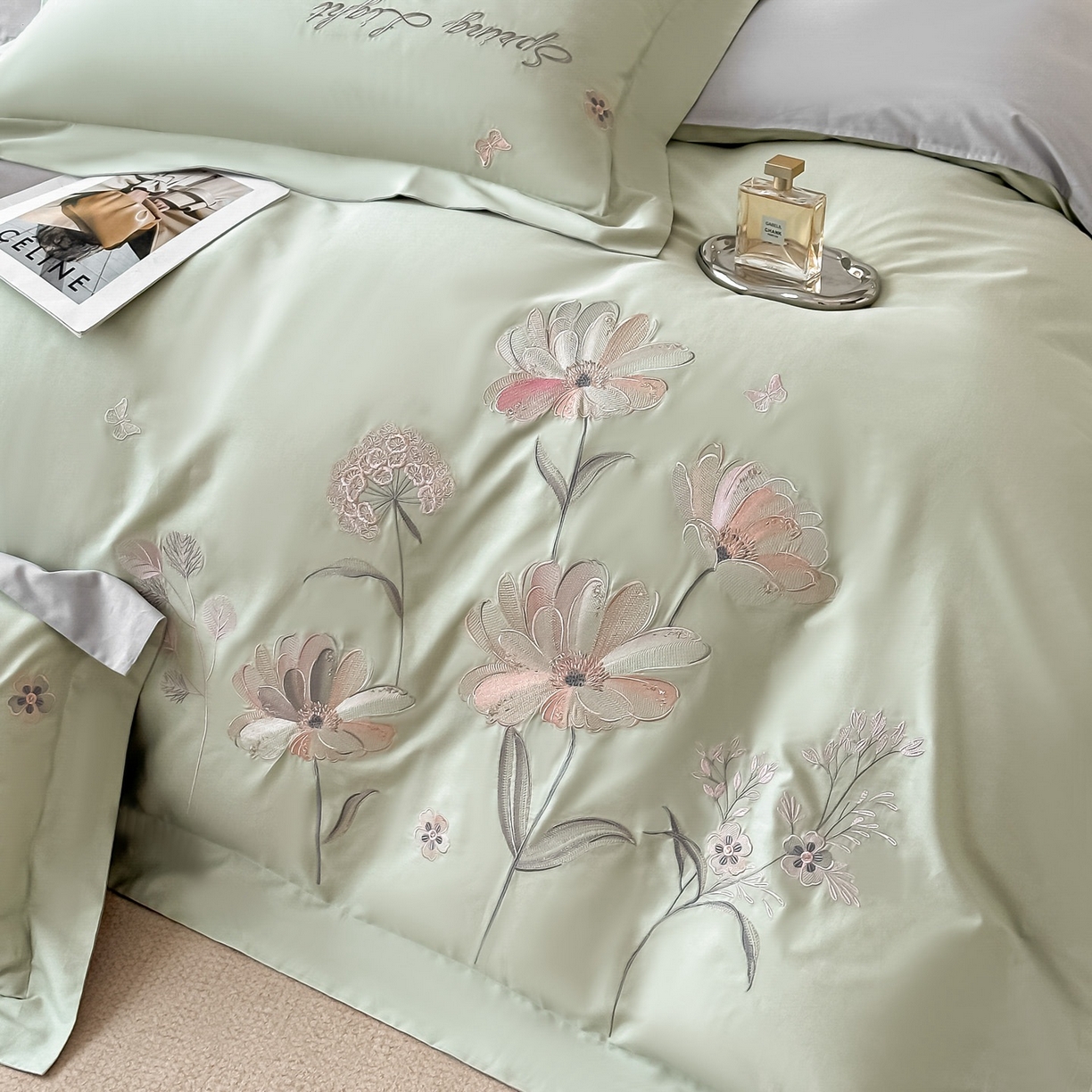 91家纺网 家纺一手货源 找家纺 博之洋婚庆 2025新款纯棉全棉长绒棉刺绣绣花高端礼盒四件套-花之语系列 豆绿